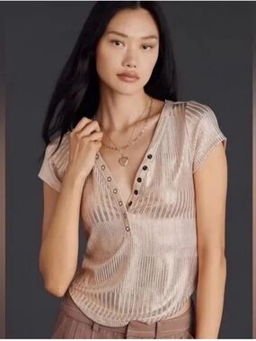 ✨ Pilcro The Andie Scoop-Neck Ribbed Henley Top Shine Edition NWT Medium ✨